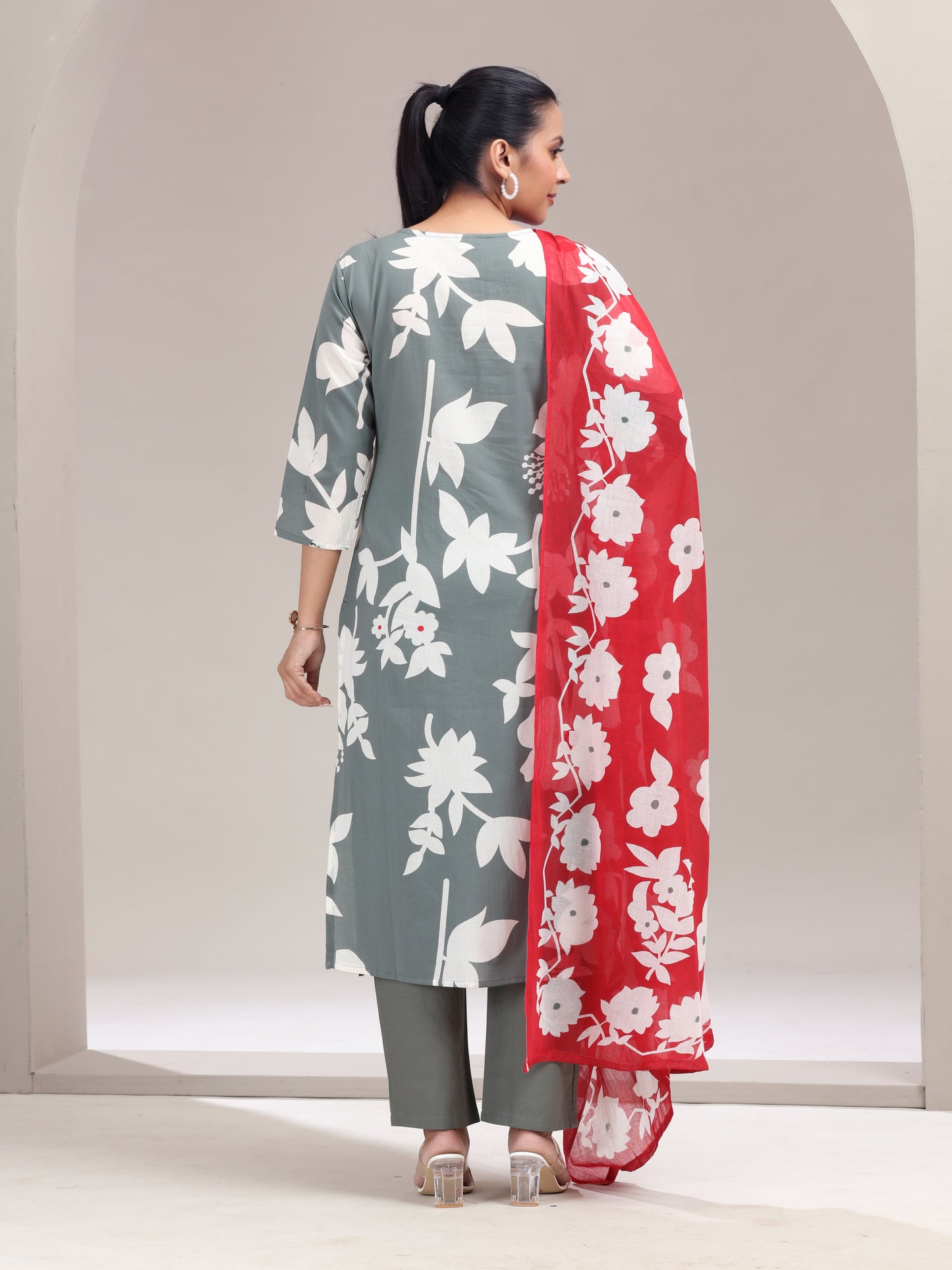 Gray Floral Embroidered Straight Ethnic Set