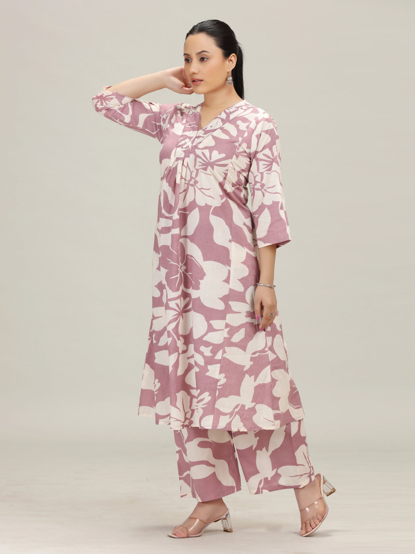 Lavender Floral Embroidered Cotton A Line Co-Ord Set