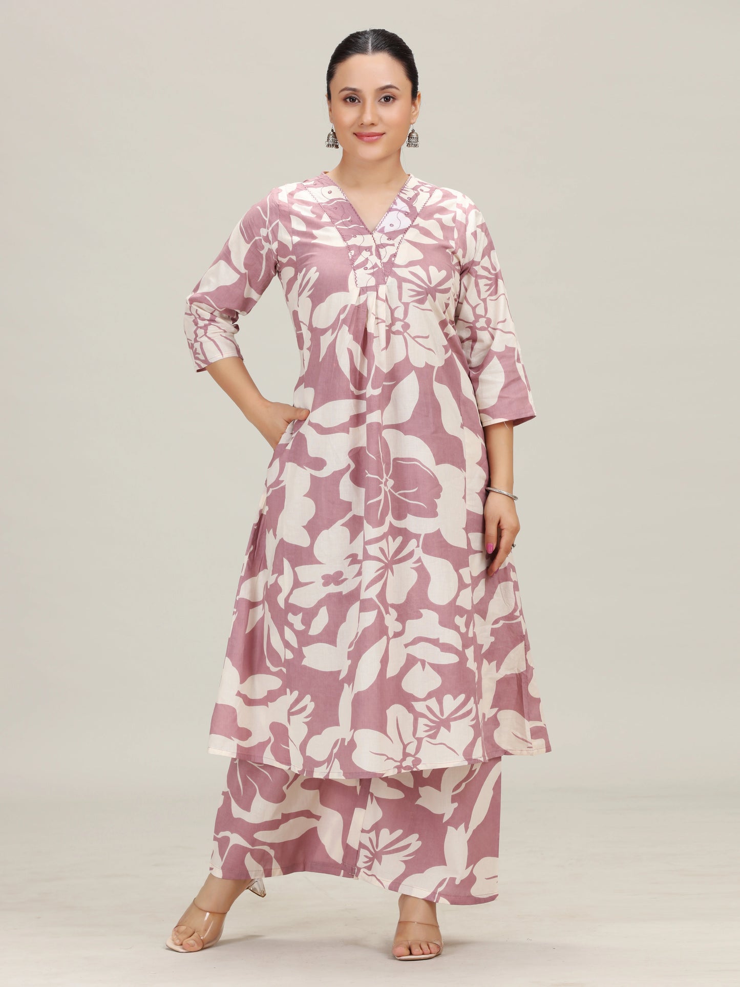 Lavender Floral Embroidered Cotton A Line Co-Ord Set