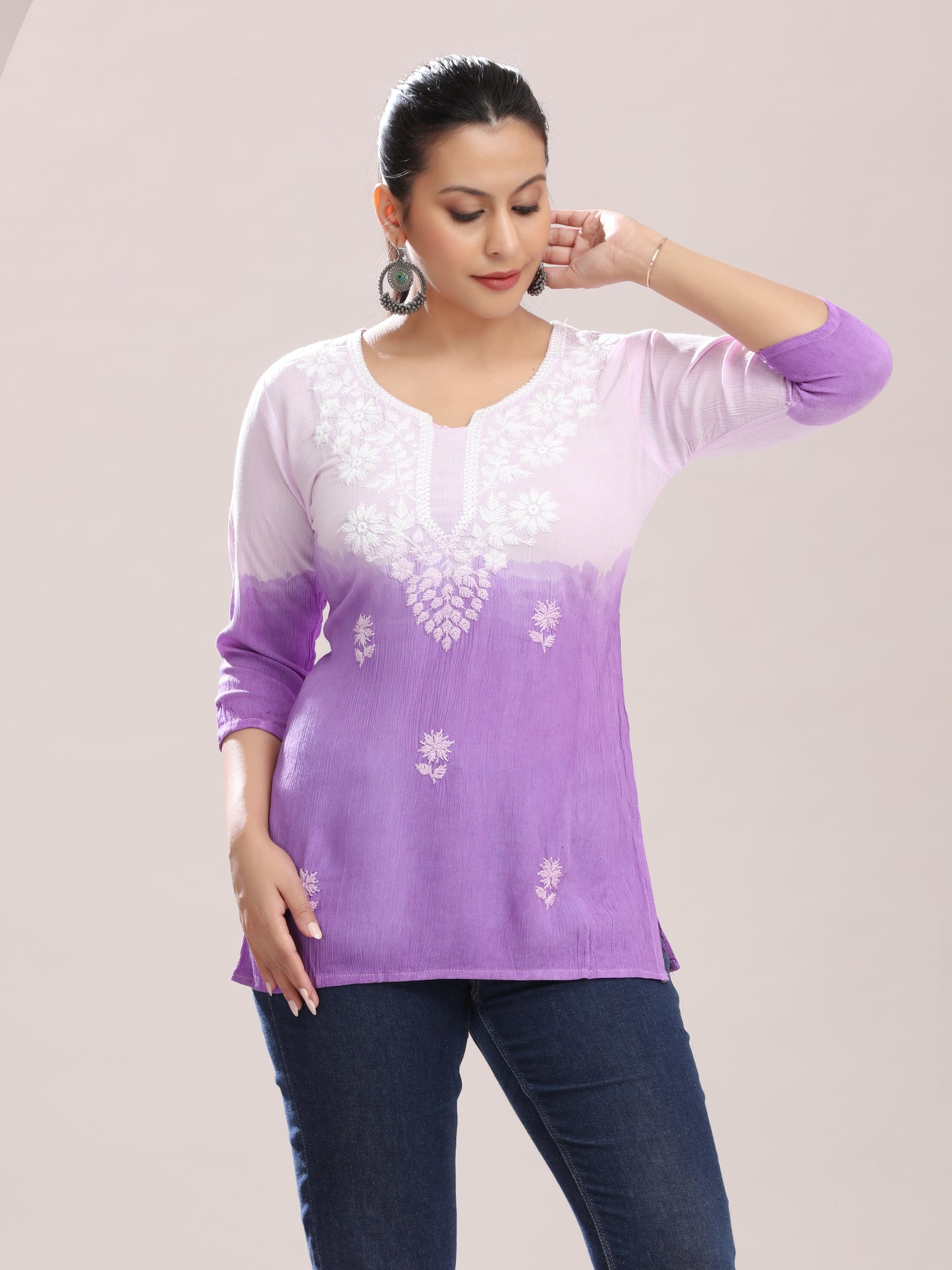 Tie & Dye Embroidered Straight Short Kurta