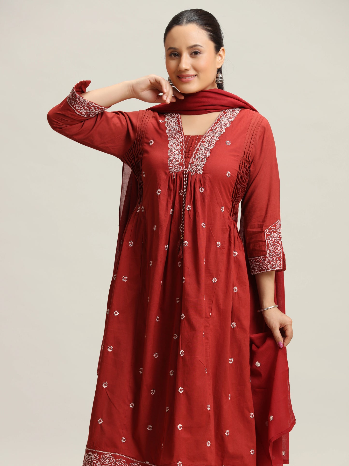 Maroon Chikankari Flared Ethnic Set