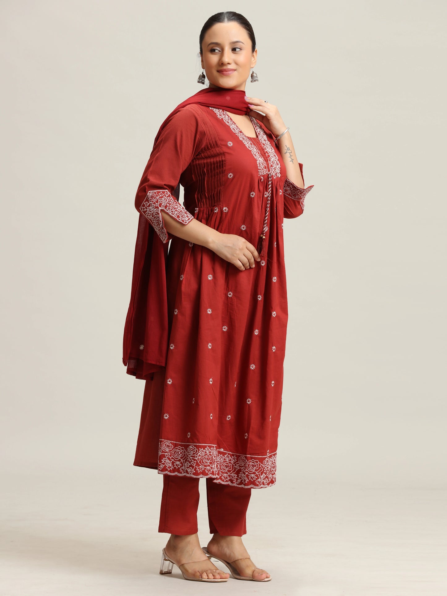 Maroon Chikankari Flared Ethnic Set