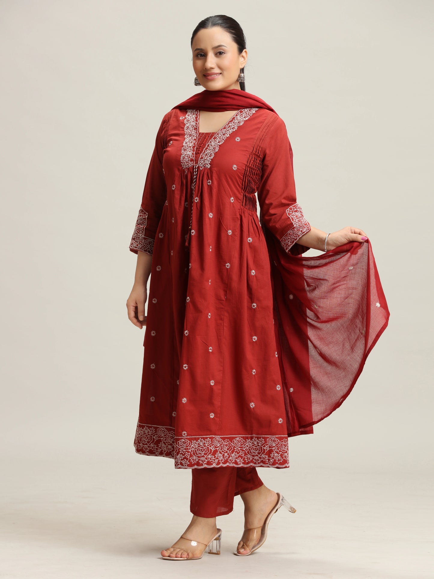Maroon Chikankari Flared Ethnic Set