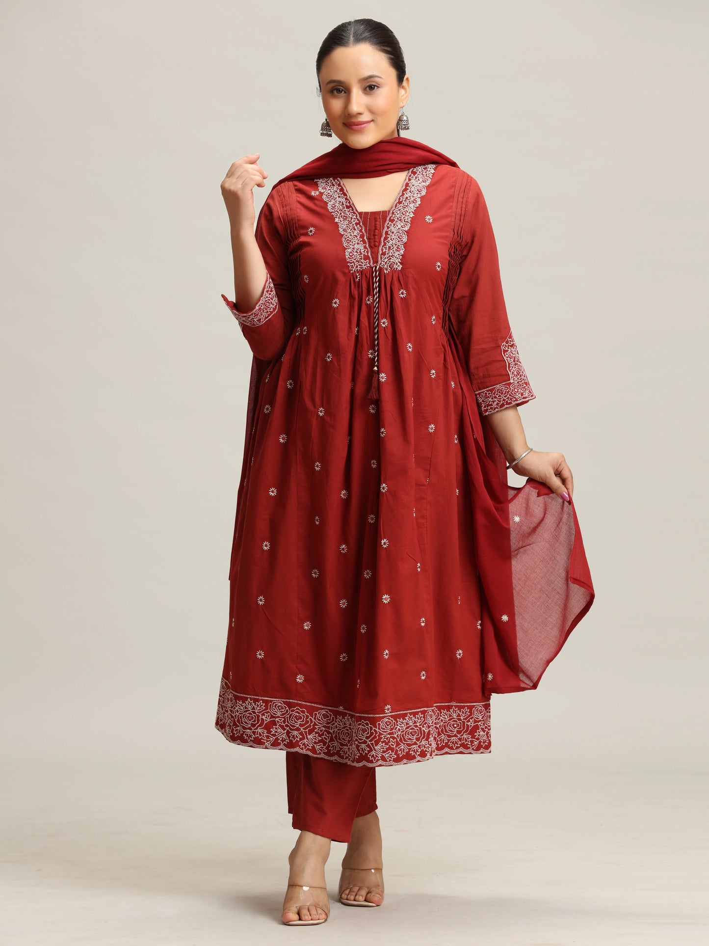 Maroon Chikankari Flared Ethnic Set