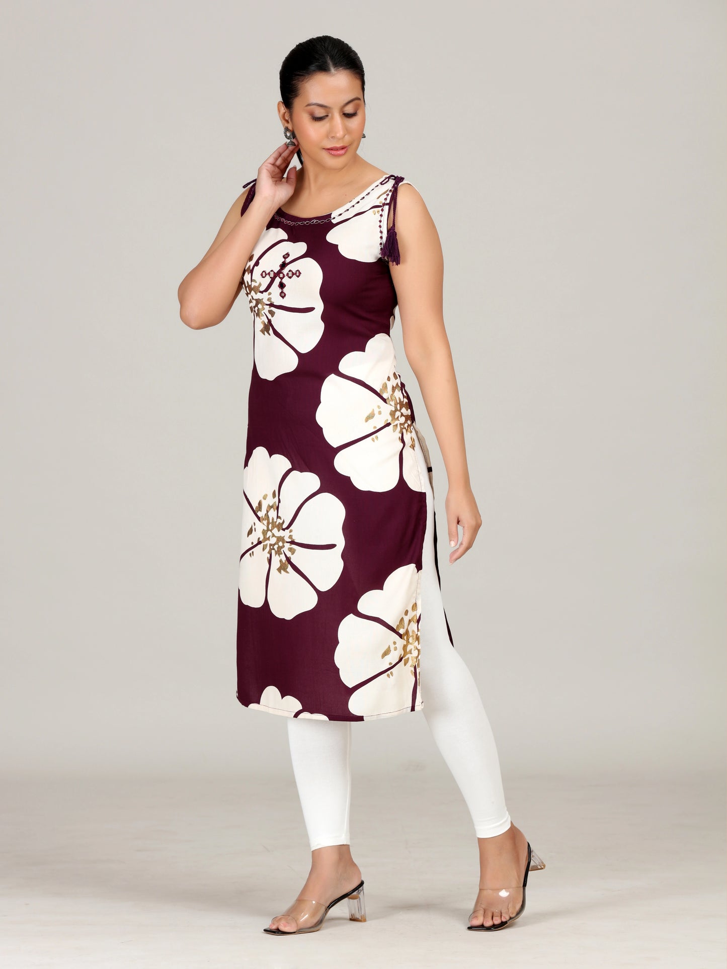 Maroon Floral Embroidered Straight Cotton Kurta