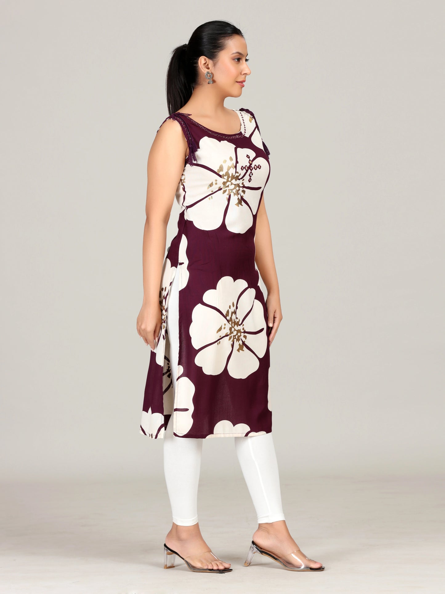 Maroon Floral Embroidered Straight Cotton Kurta