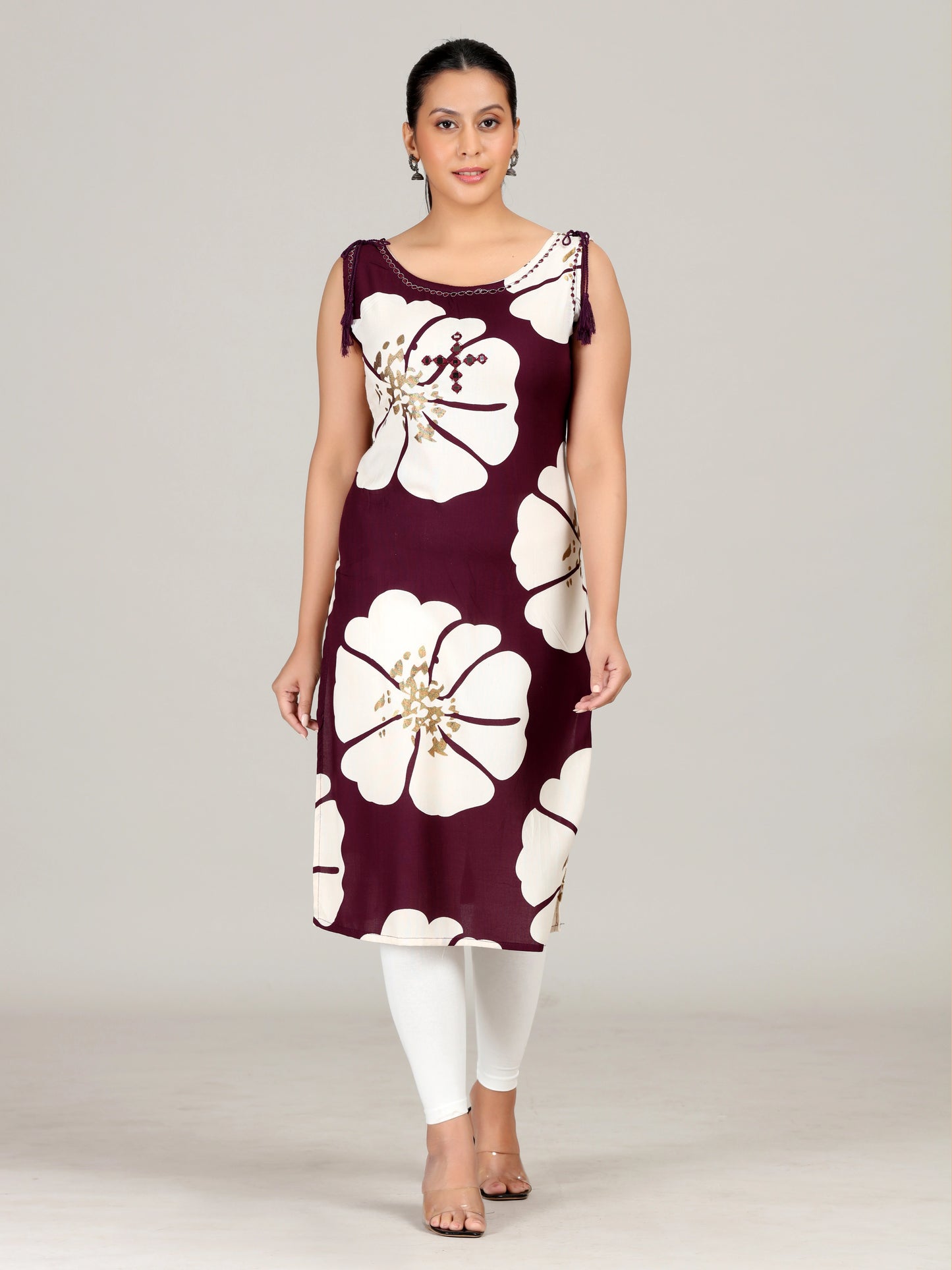 Maroon Floral Embroidered Straight Cotton Kurta