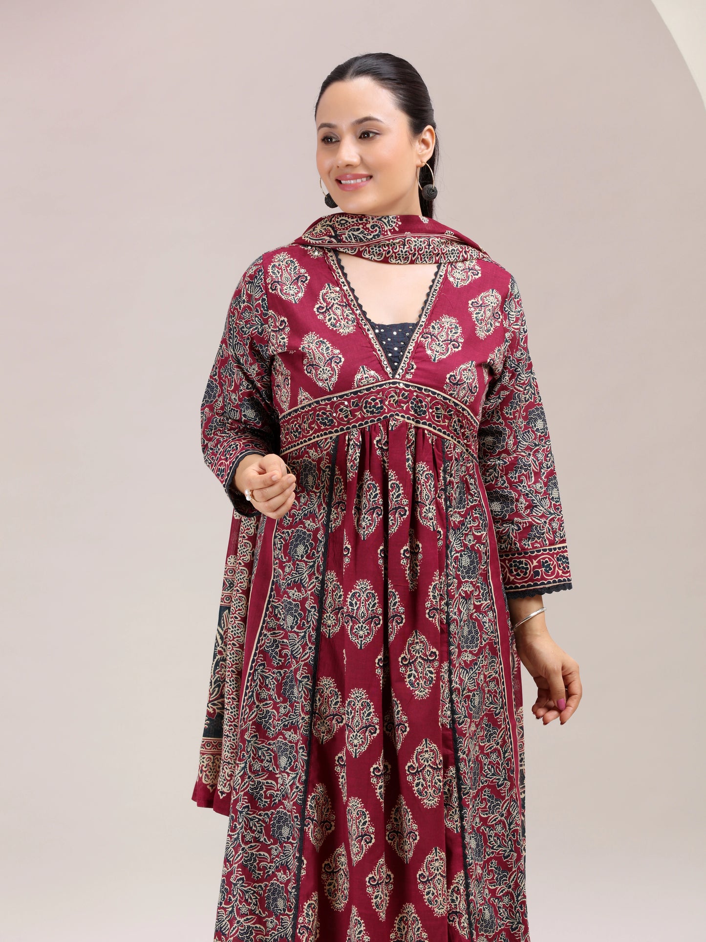 Maroon Printed Flared Cotton Ethnic Set