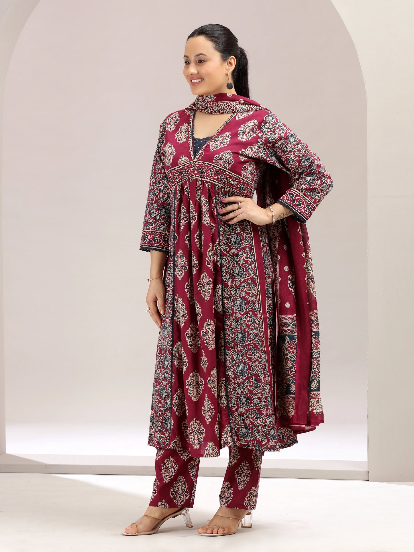 Maroon Printed Flared Cotton Ethnic Set