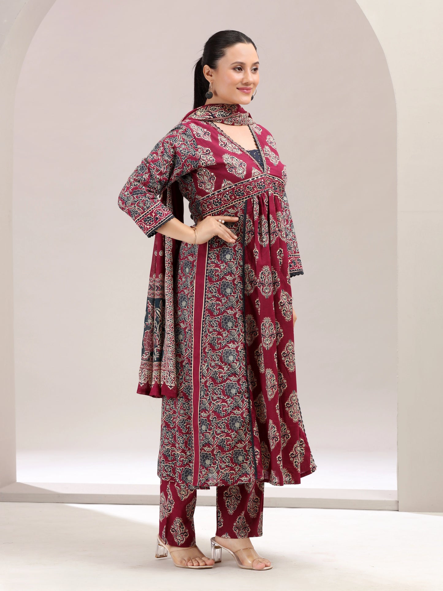 Maroon Printed Flared Cotton Ethnic Set