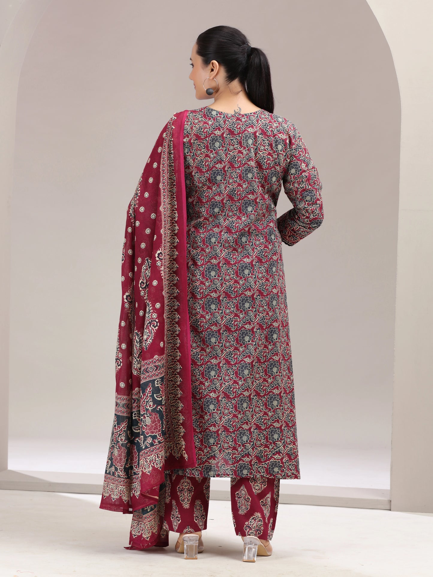 Maroon Printed Flared Cotton Ethnic Set