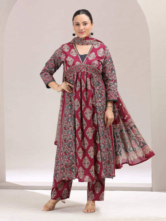 Maroon Printed Flared Cotton Ethnic Set