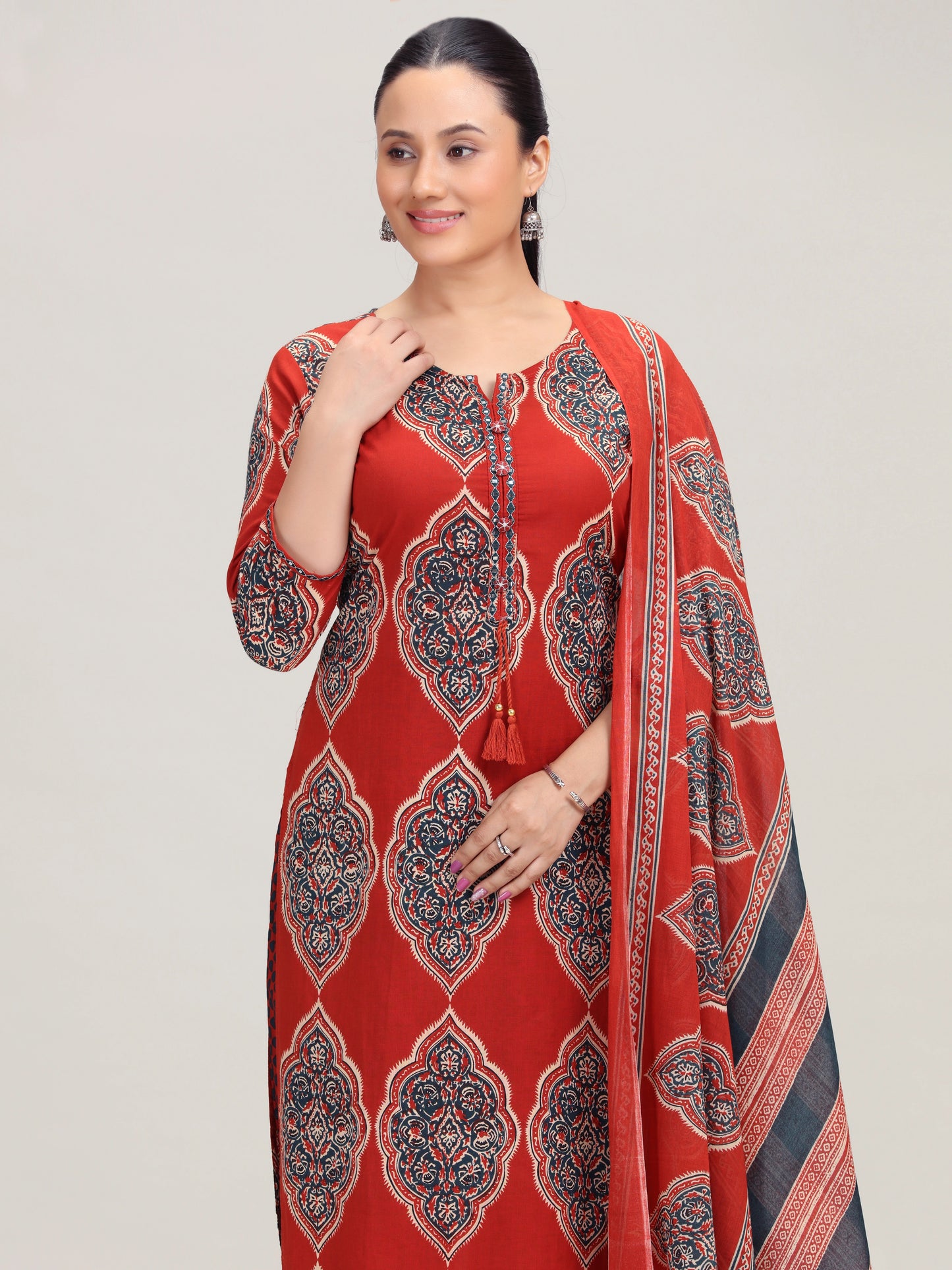 Maroon Printed Straight Cotton Ethnic Set