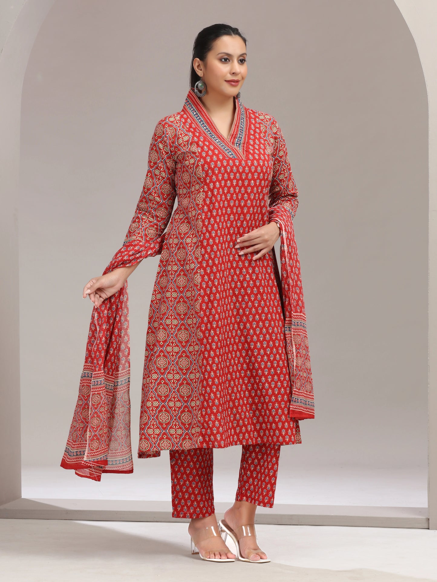 Maroon Printed Cotton A-Line Ethnic Set