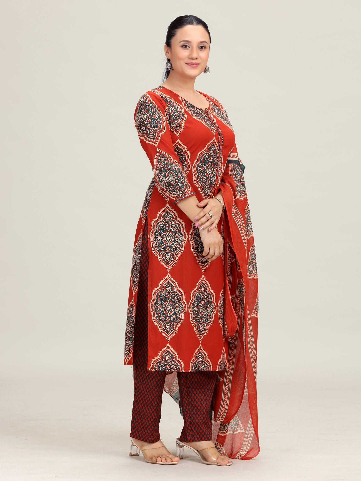 Maroon Printed Straight Cotton Ethnic Set