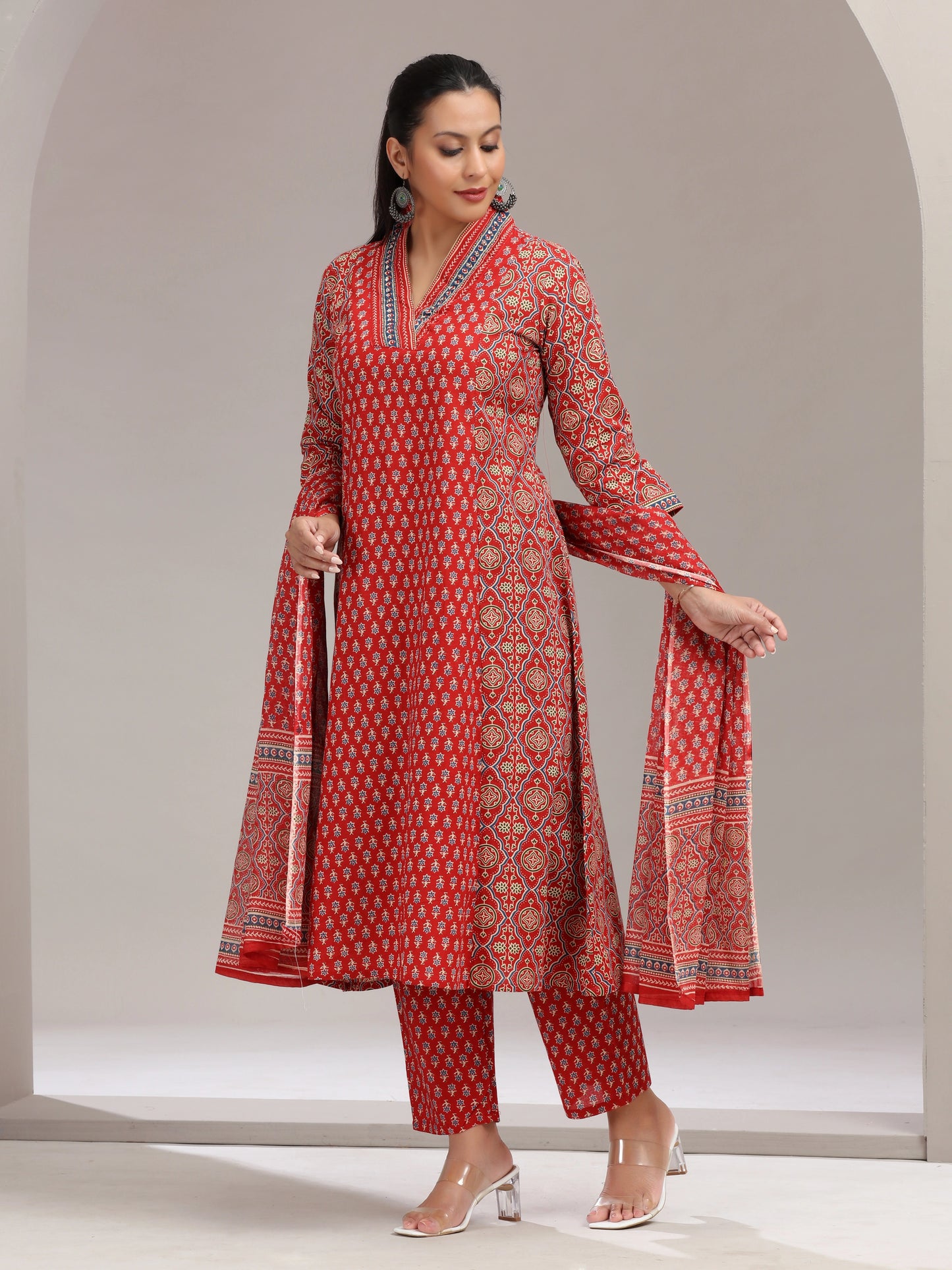 Maroon Printed Cotton A-Line Ethnic Set