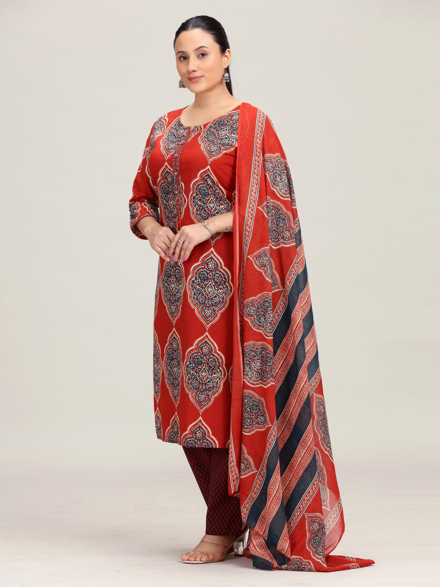 Maroon Printed Straight Cotton Ethnic Set