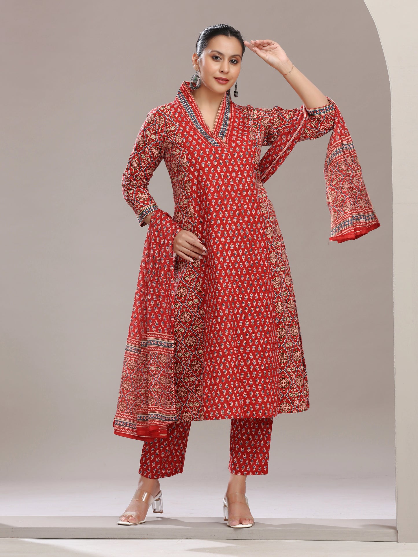 Maroon Printed Cotton A-Line Ethnic Set