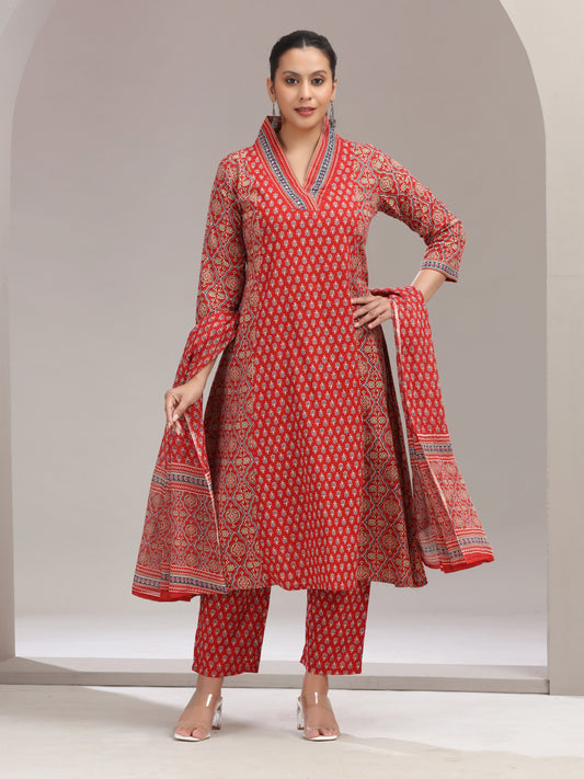Maroon Printed Cotton A-Line Ethnic Set