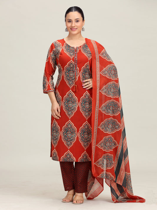 Maroon Printed Straight Cotton Ethnic Set