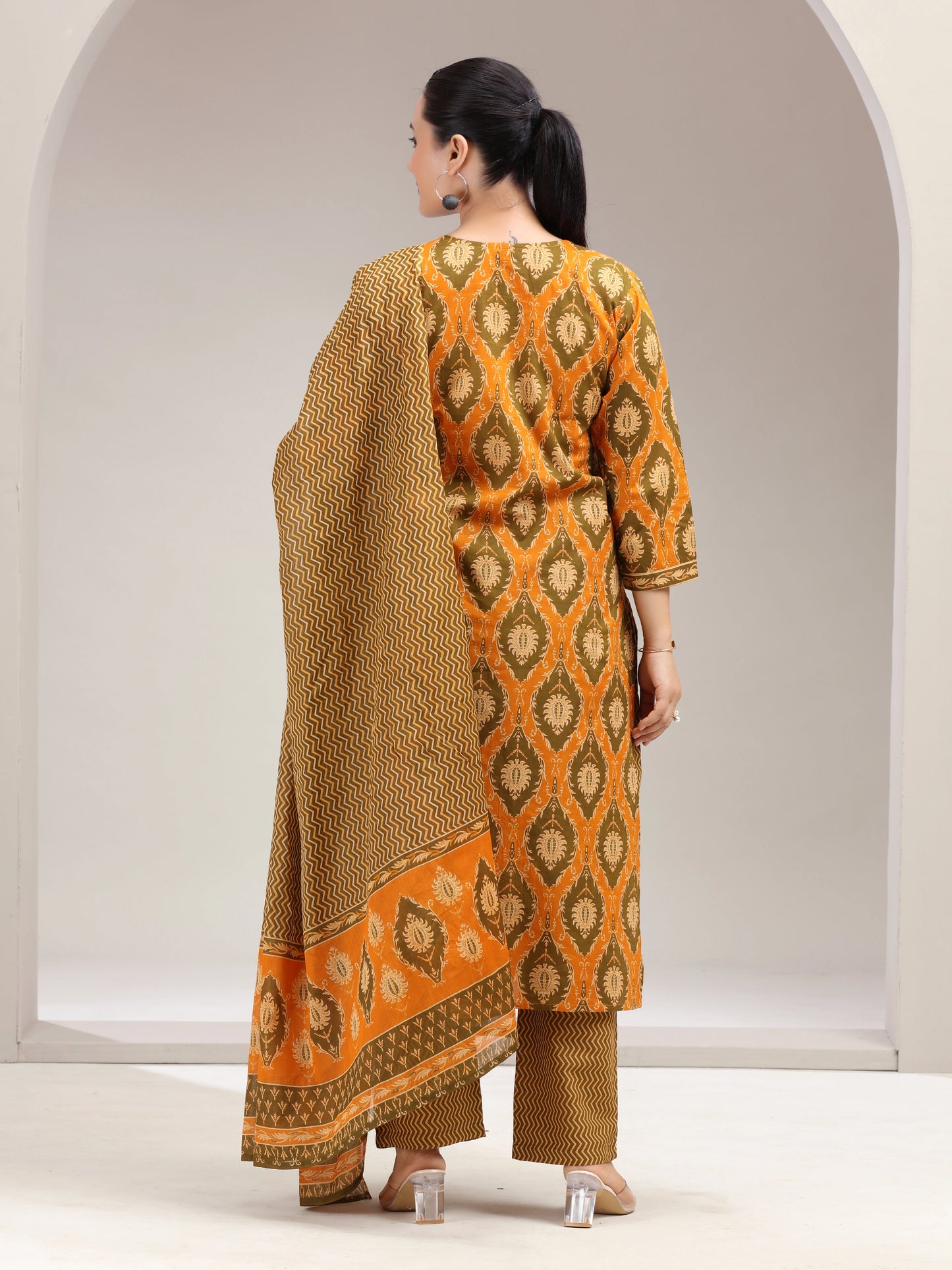 Mustard Paisley Printed Straight Cotton Ethnic Set