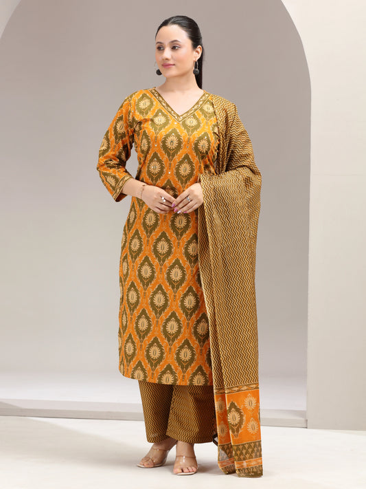 Mustard Paisley Printed Straight Cotton Ethnic Set