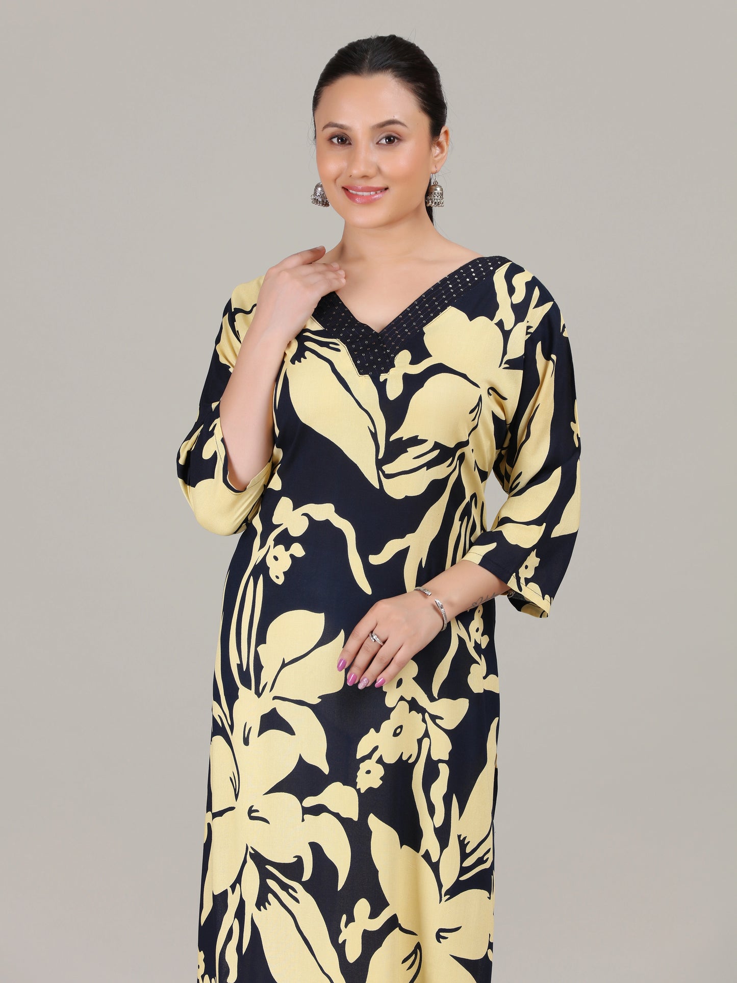 Navy Blue Floral Embroidered Straight Kurta