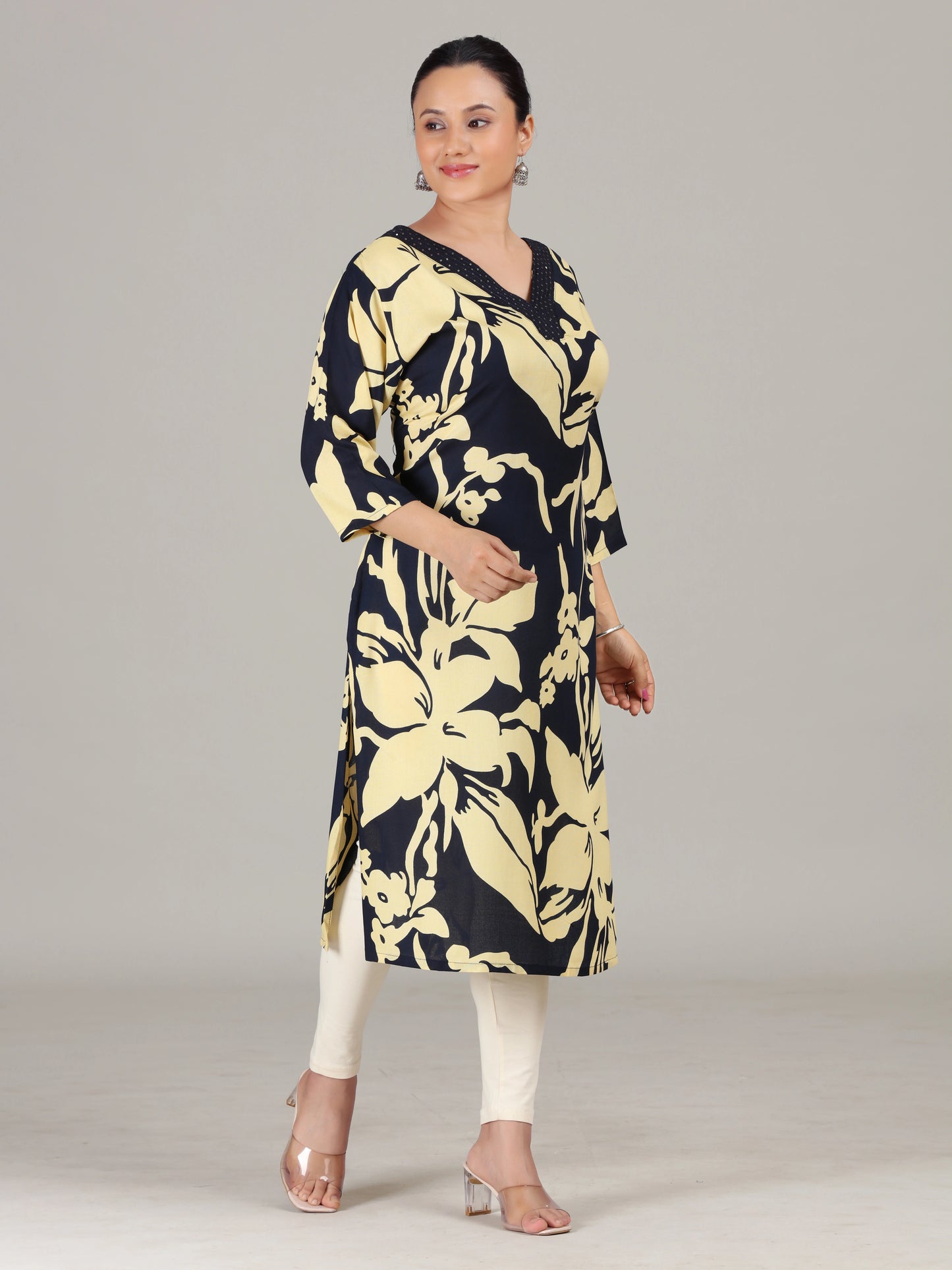Navy Blue Floral Embroidered Straight Kurta