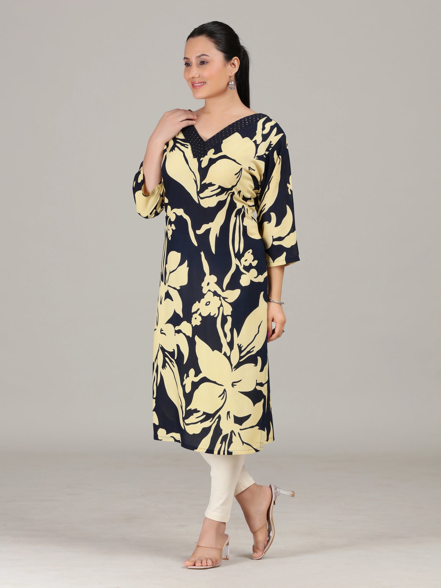 Navy Blue Floral Embroidered Straight Kurta