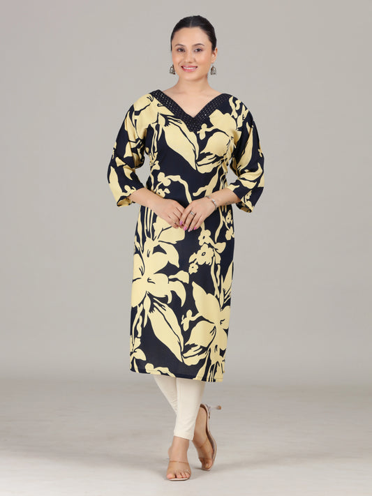 Navy Blue Floral Embroidered Straight Kurta