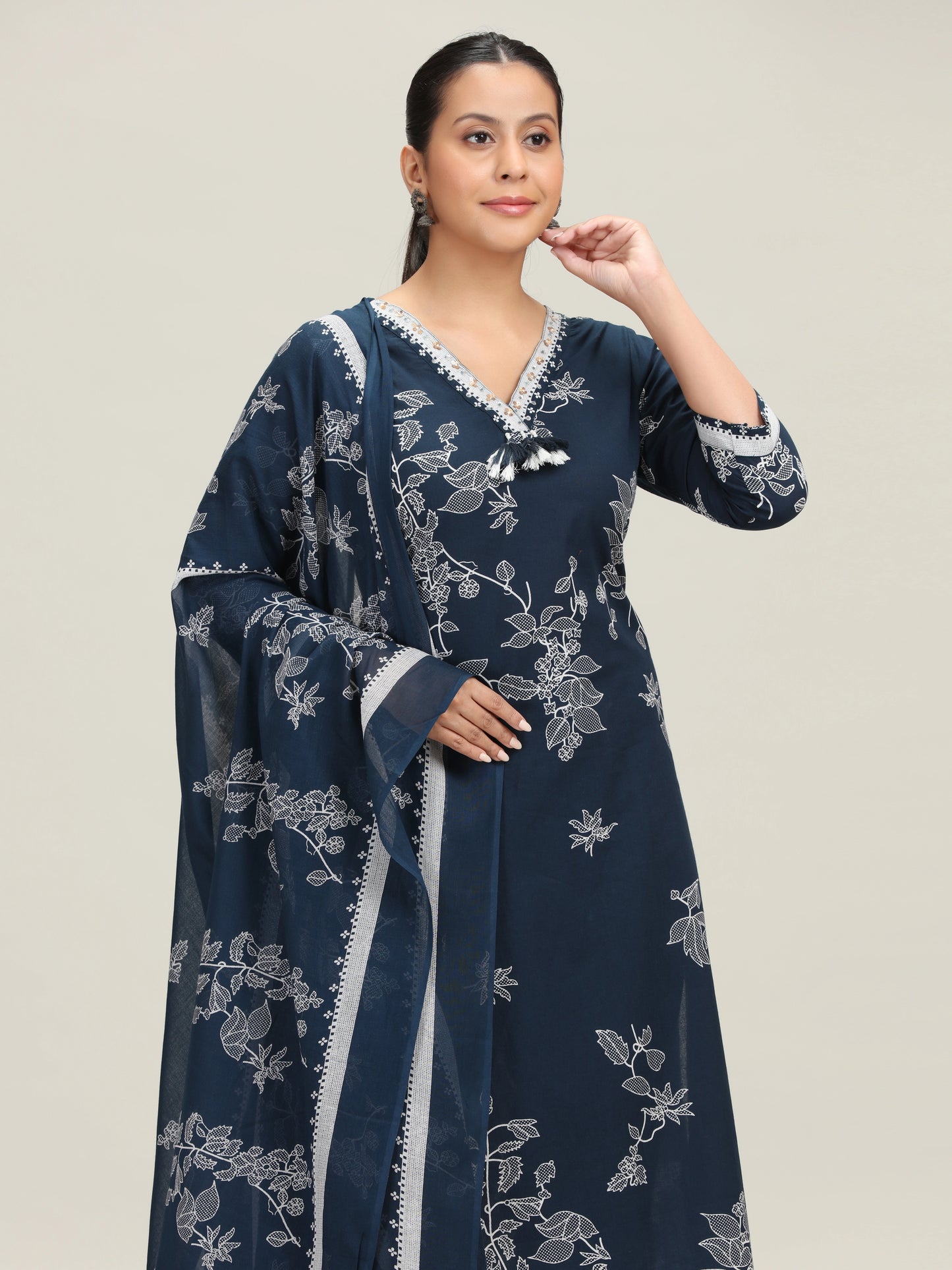 Navy Blue Printed Cotton Ethnic Set