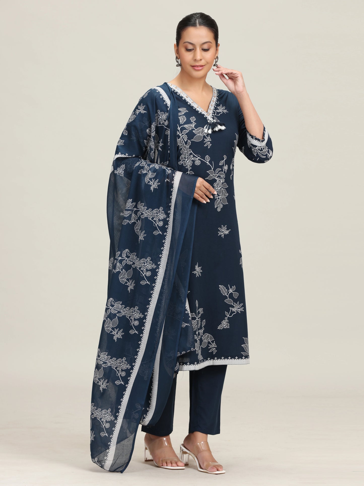 Navy Blue Printed Cotton Ethnic Set