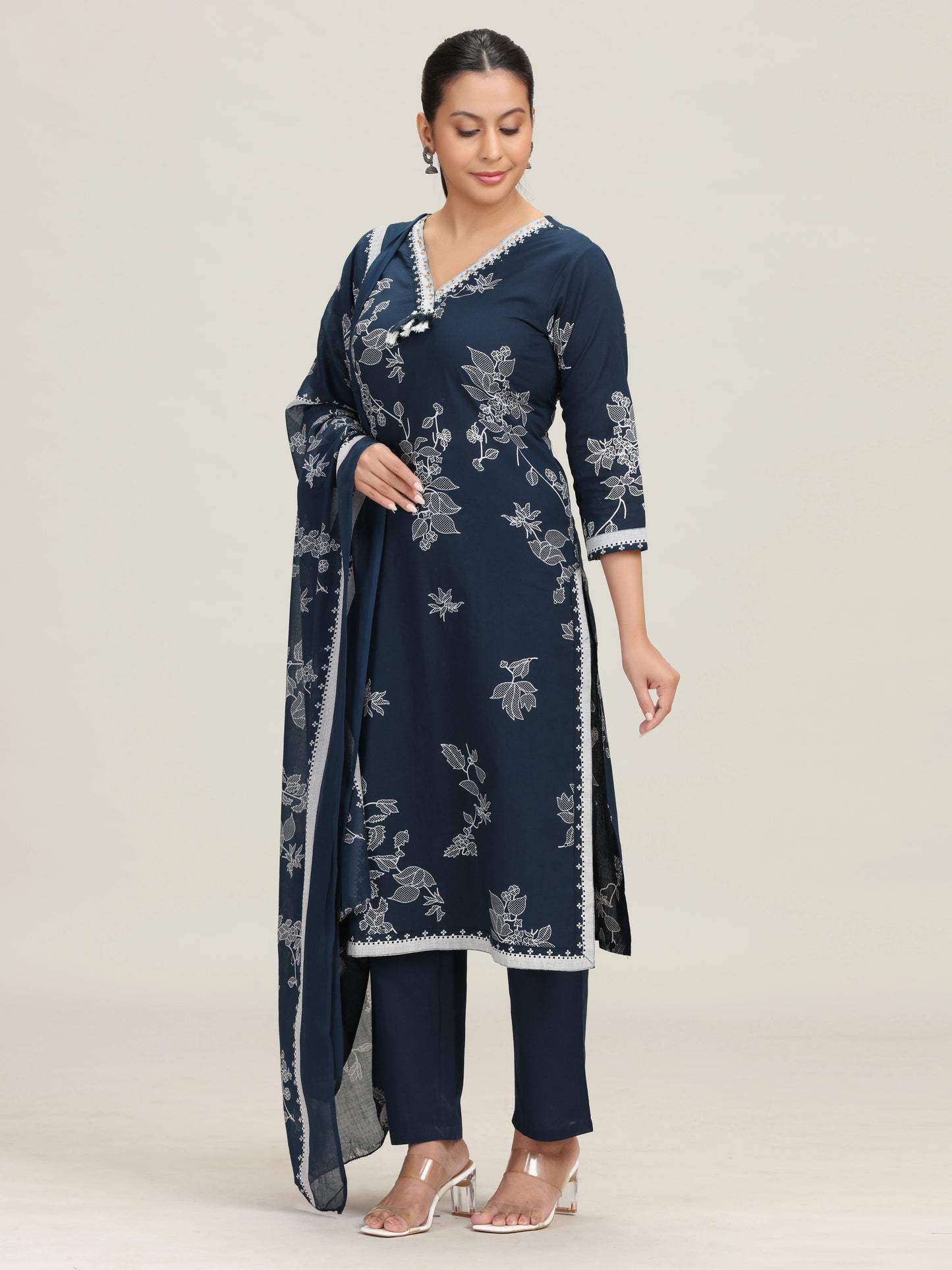 Navy Blue Printed Cotton Ethnic Set