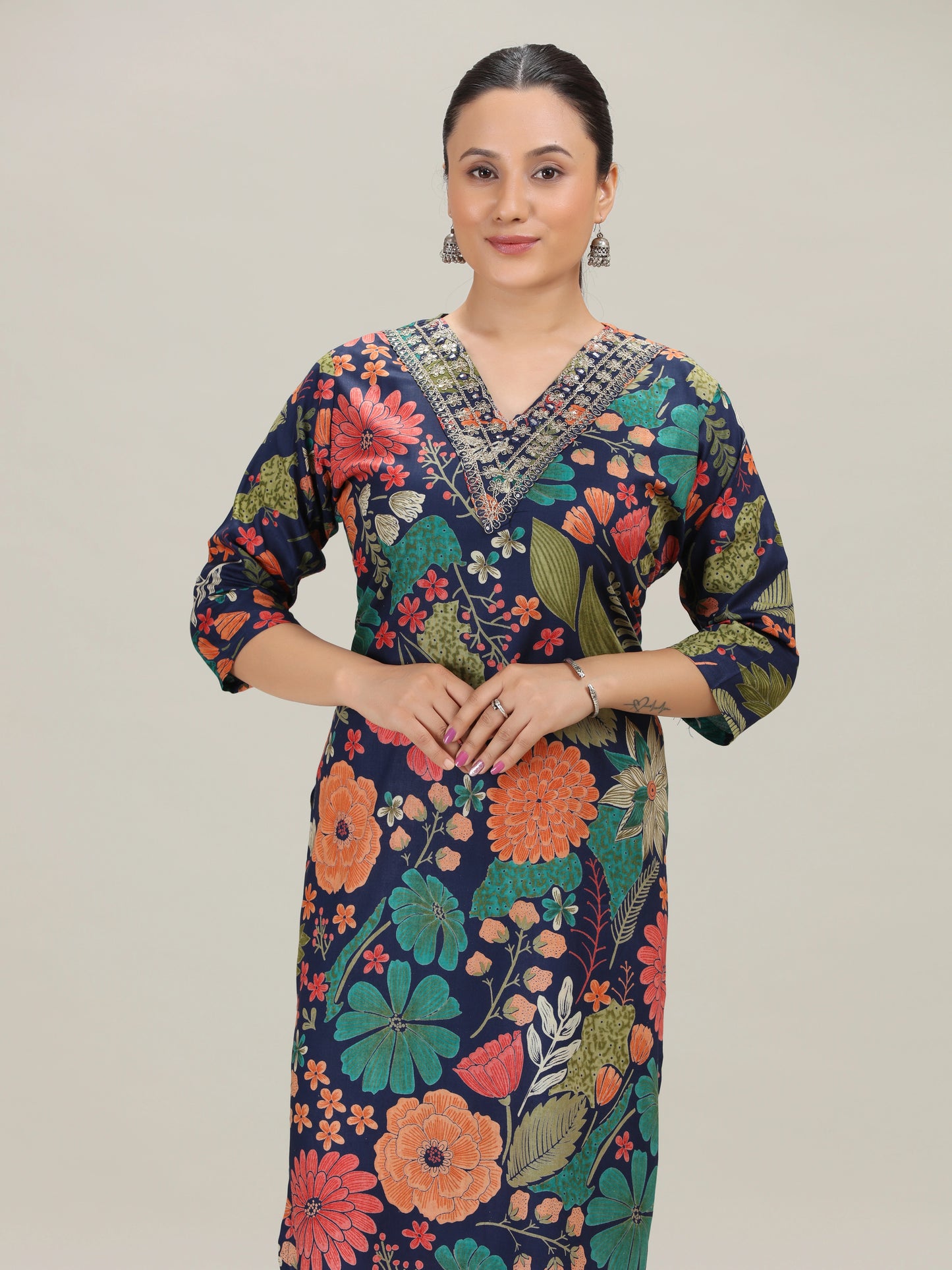 Navy Blue Printed Embroidered Kurta