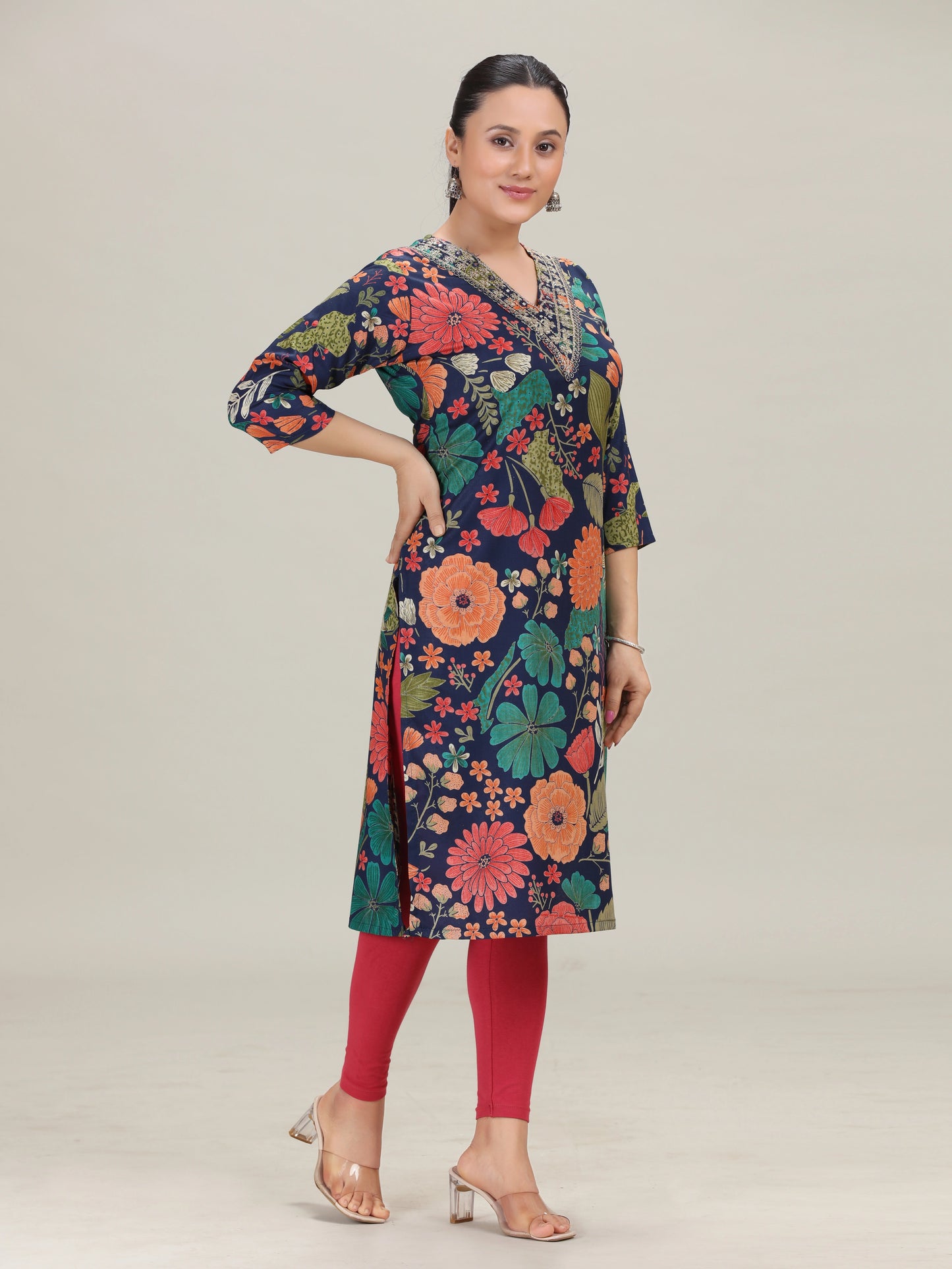 Navy Blue Printed Embroidered Kurta