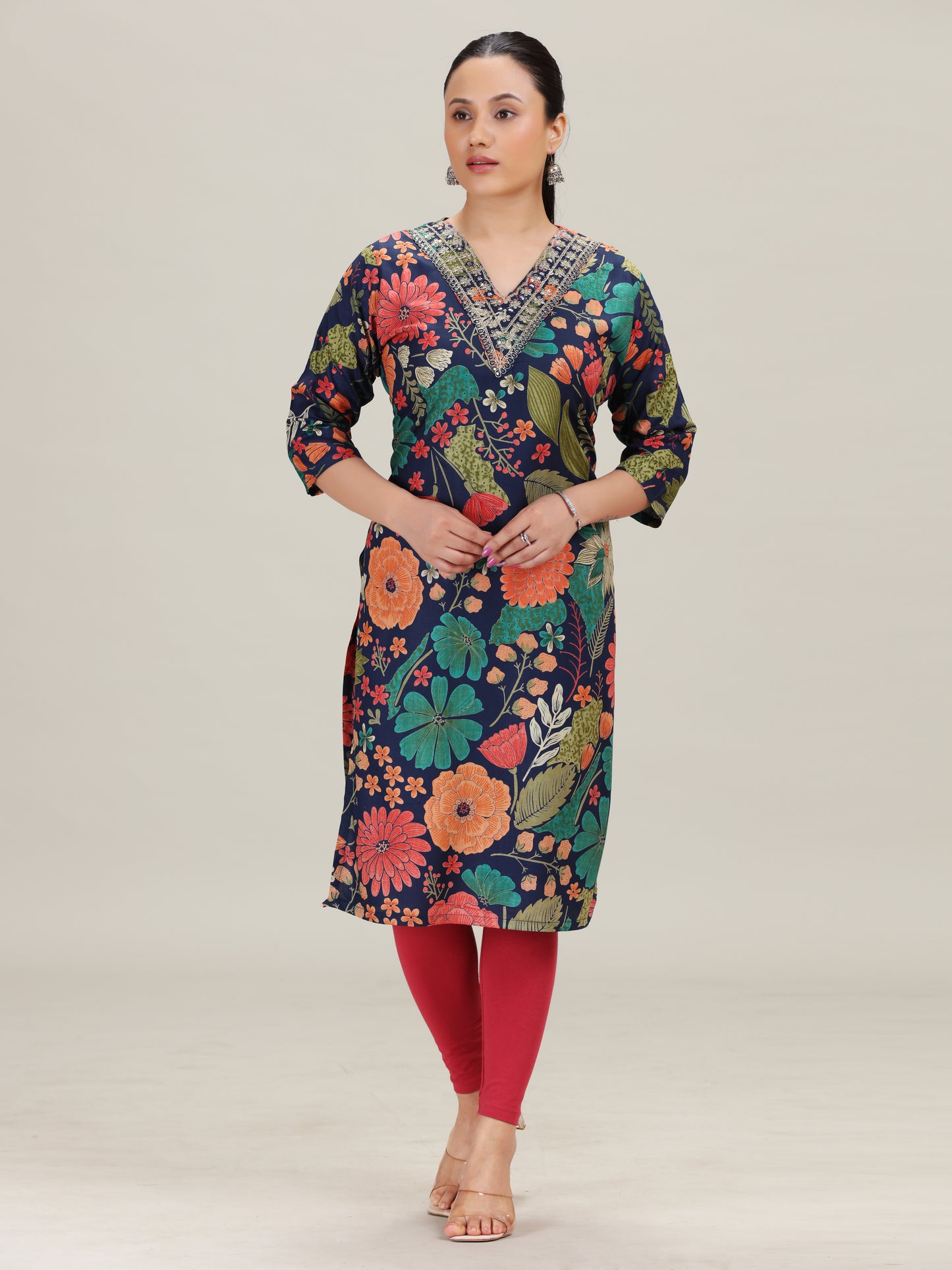 Navy Blue Printed Embroidered Kurta
