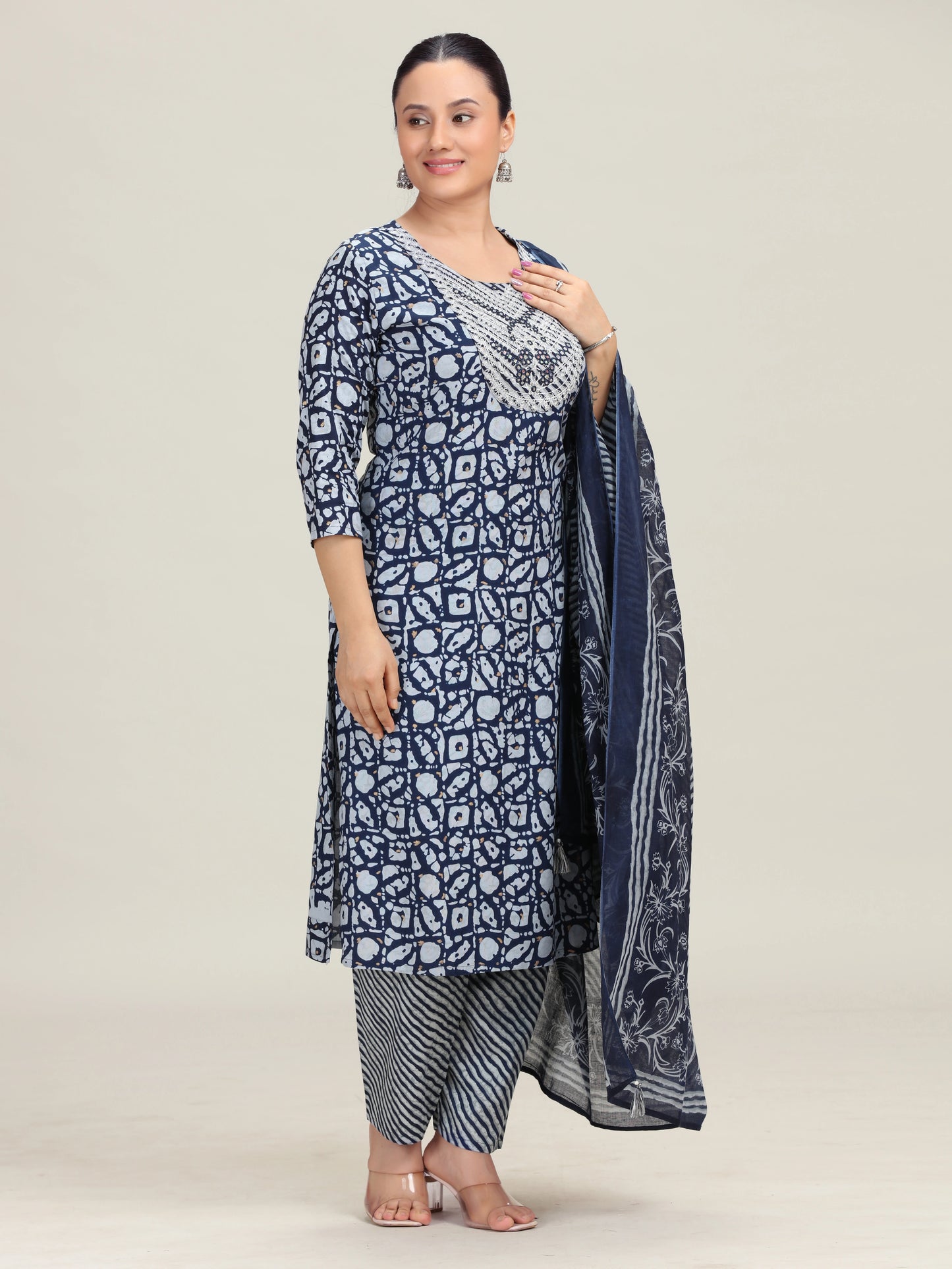 Navy Blue Printed Embroidered Straight Cotton Ethnic Set