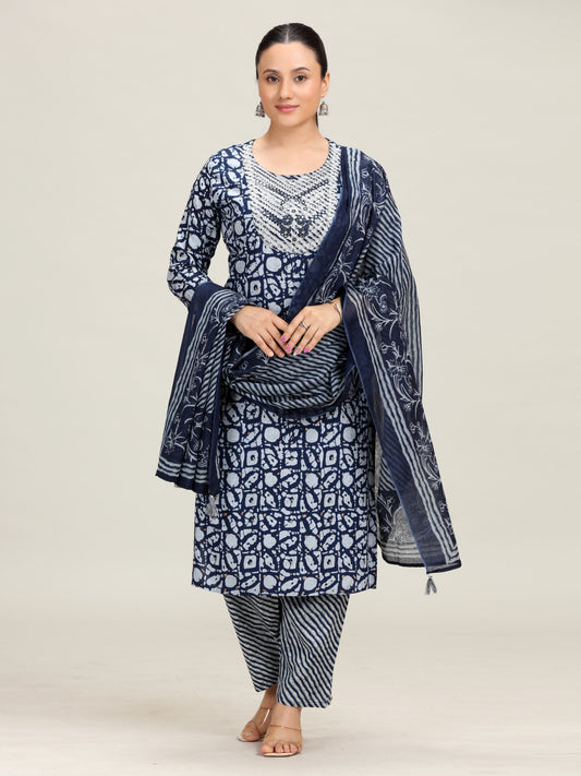 Navy Blue Printed Embroidered Straight Cotton Ethnic Set