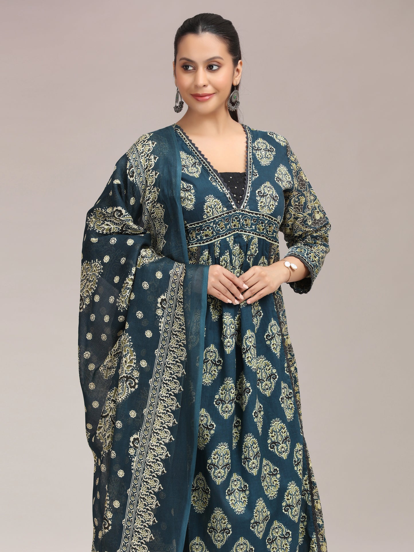 Navy Blue Printed Embroidered Flared Cotton Ethnic Set