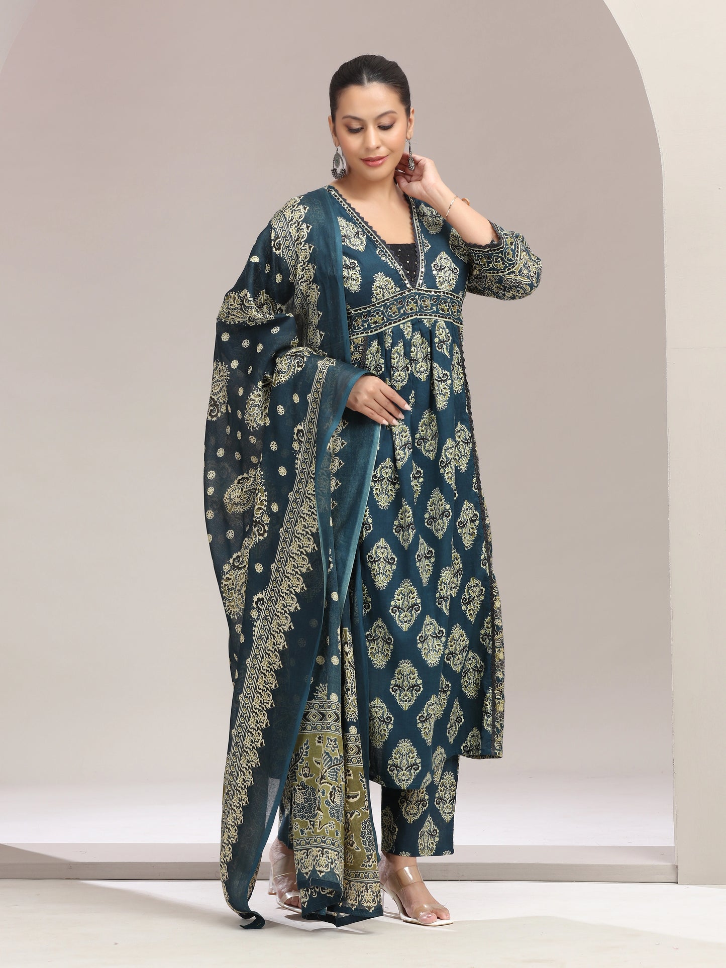 Navy Blue Printed Embroidered Flared Cotton Ethnic Set