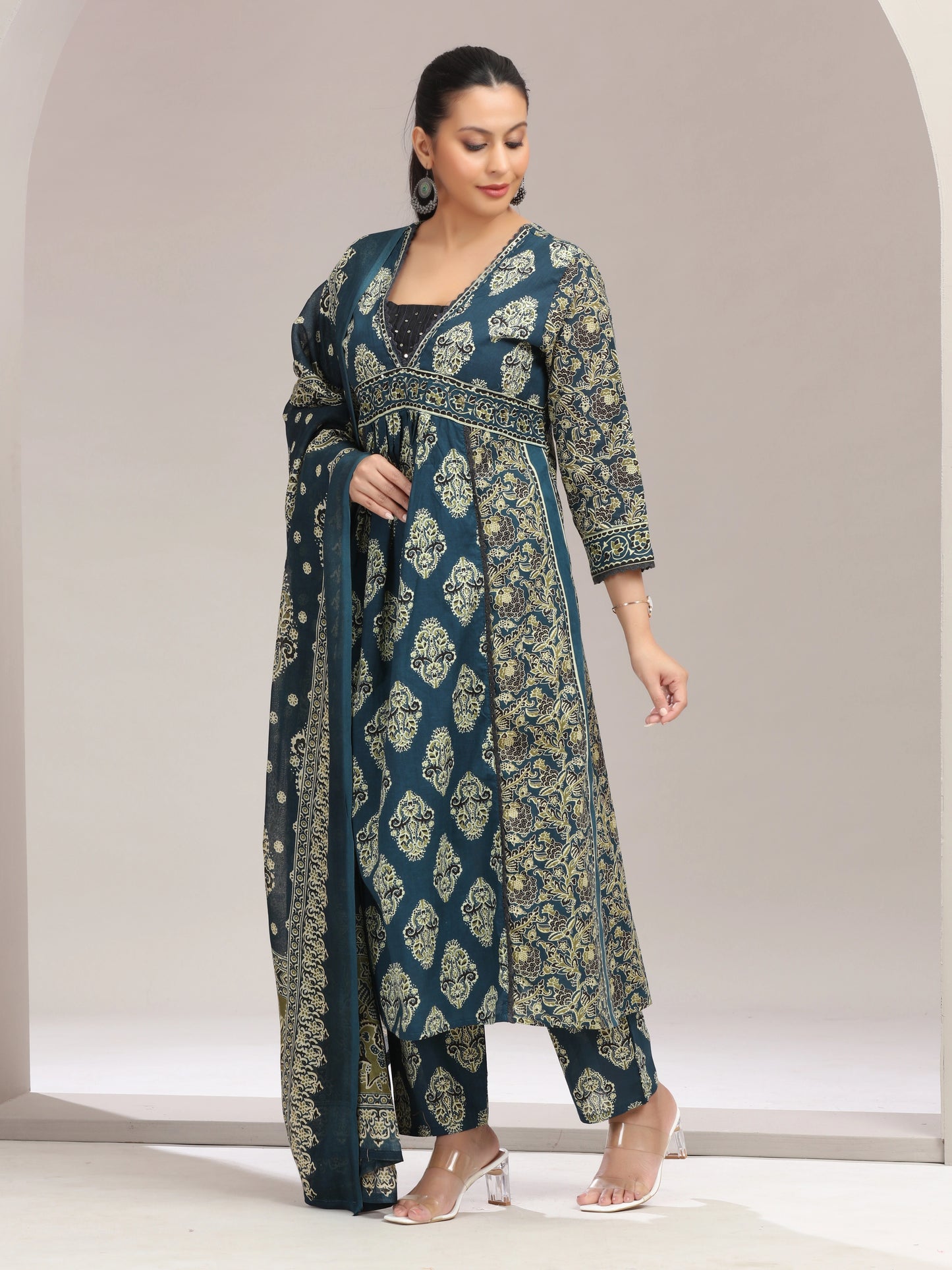 Navy Blue Printed Embroidered Flared Cotton Ethnic Set
