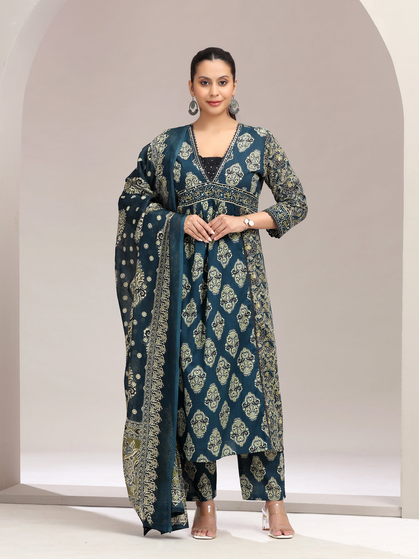 Navy Blue Printed Embroidered Flared Cotton Ethnic Set