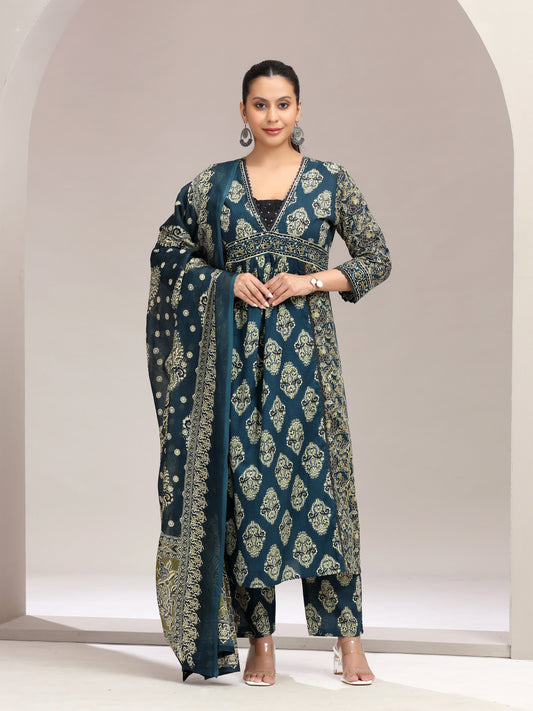 Navy Blue Printed Embroidered Flared Cotton Ethnic Set