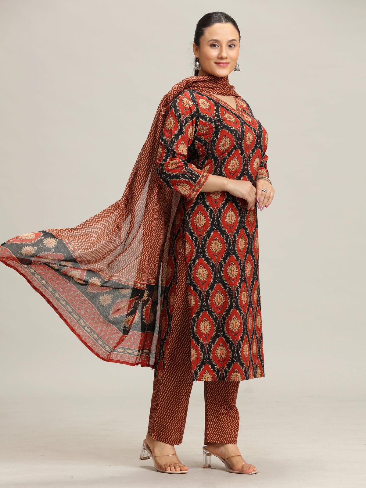 Black Printed Straight Cotton Ethnic Set - view 3