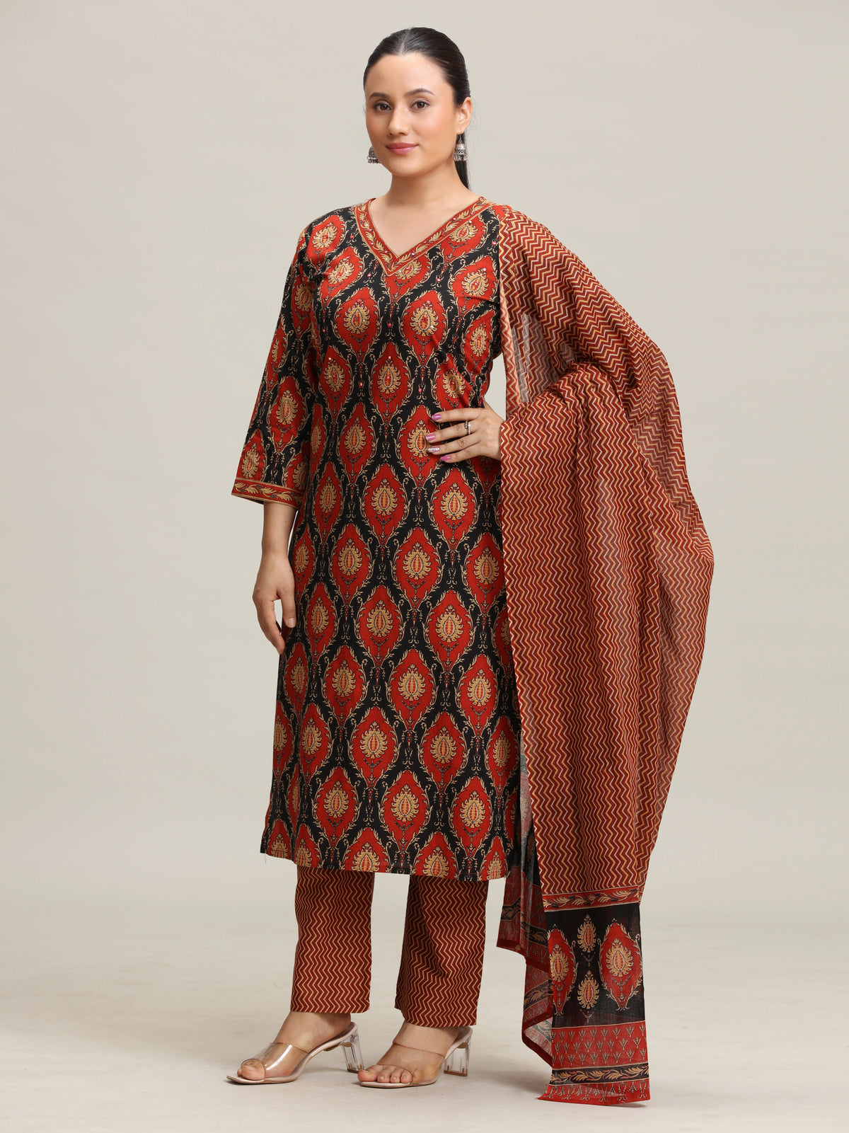 Black Printed Straight Cotton Ethnic Set - view 4