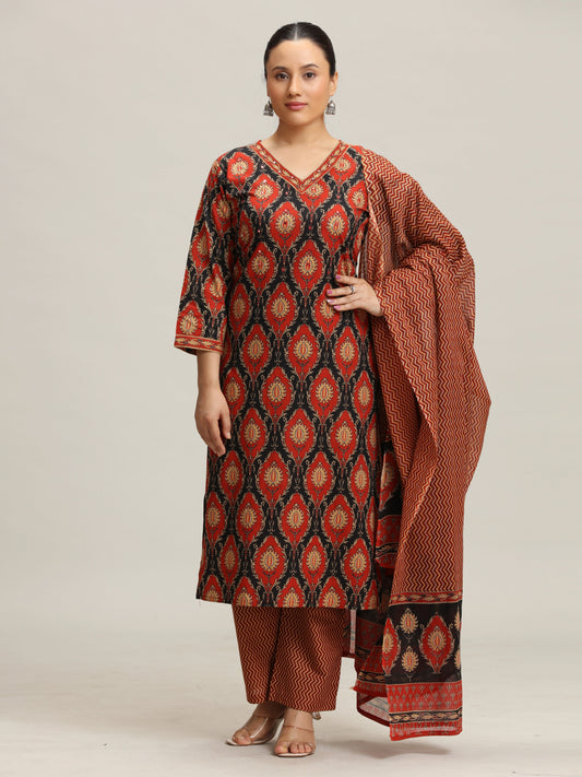 Black Printed Straight Cotton Ethnic Set