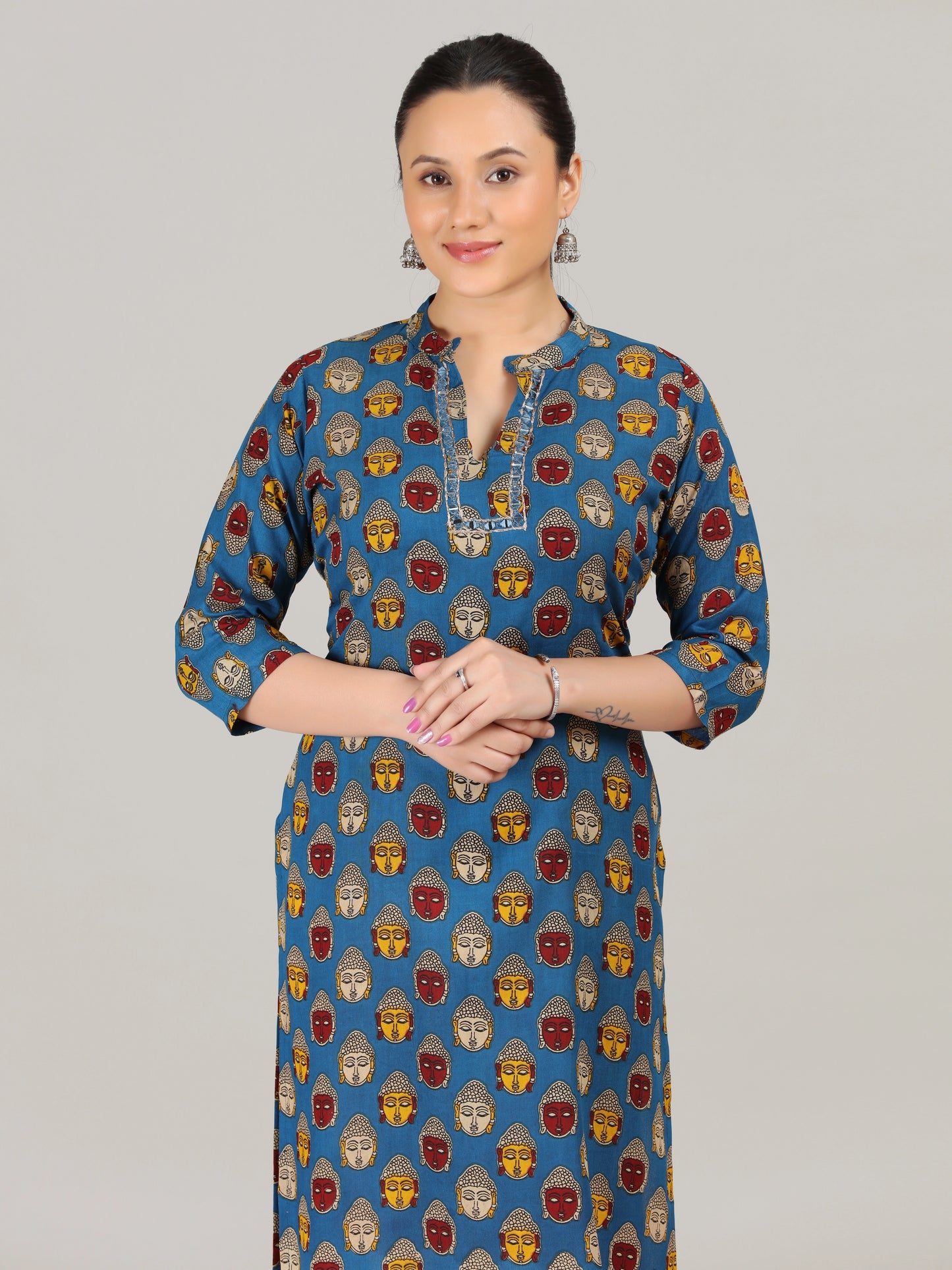 Navy Blue Printed Straight Cotton Kurta