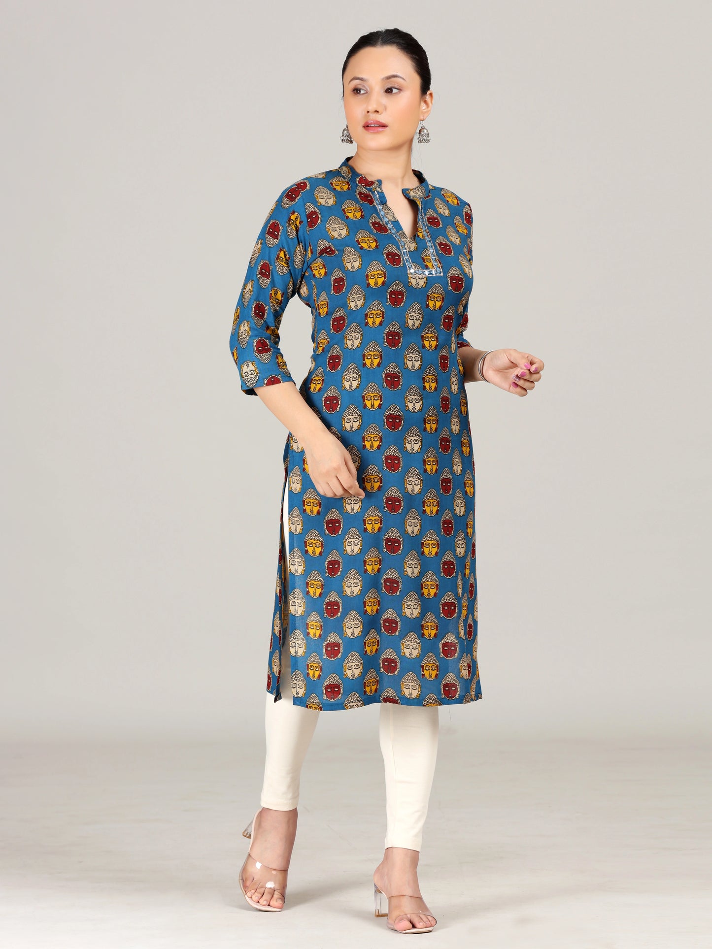 Navy Blue Printed Straight Cotton Kurta