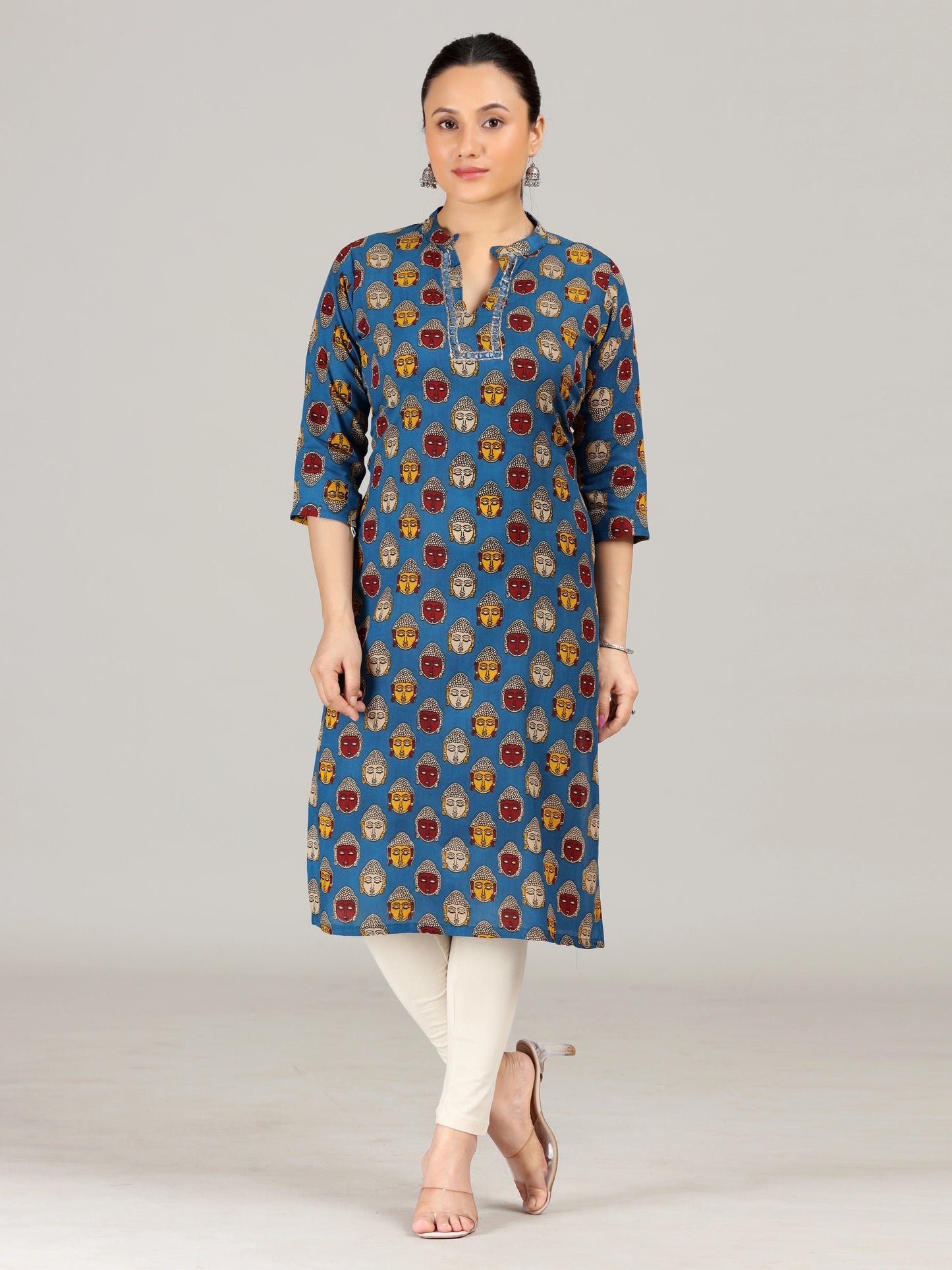 Navy Blue Printed Straight Cotton Kurta