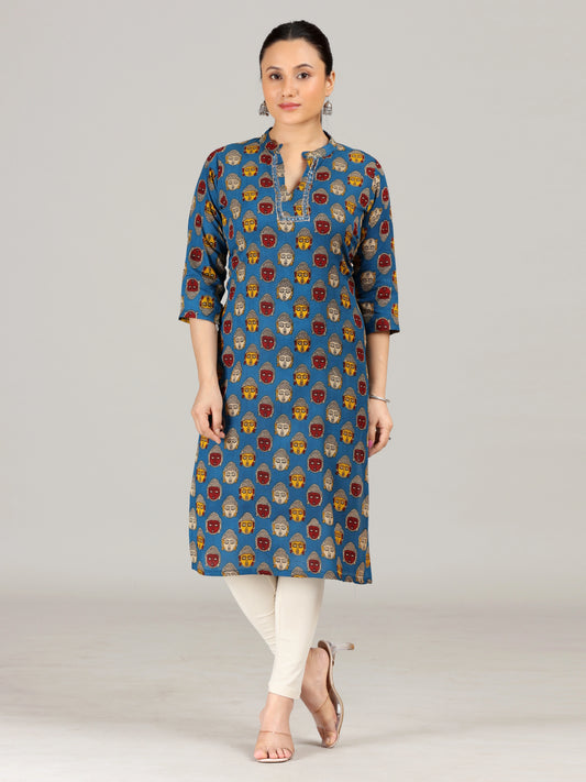 Navy Blue Printed Straight Cotton Kurta